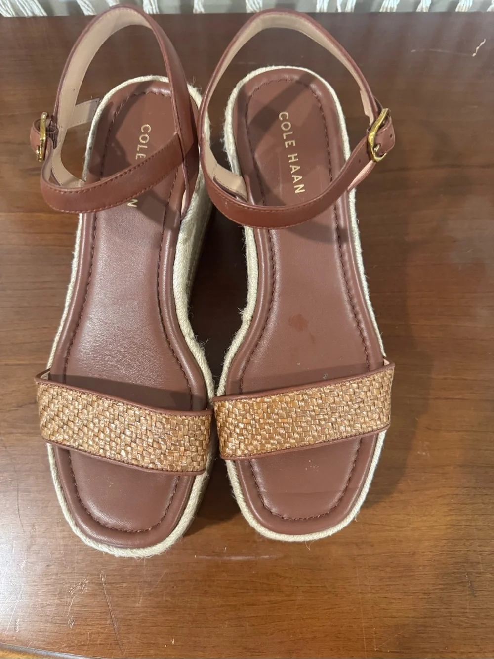 Cole Haan Women's Tan Woven Espadrille Wedge Sandals with Ankle Strap